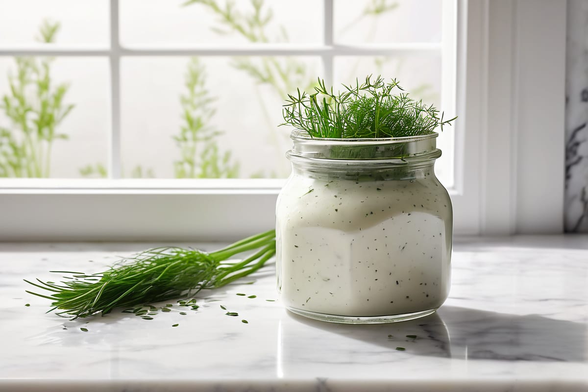 Creamy dairy free ranch dressing in a glass jar with fresh dill and chives on a marble surface