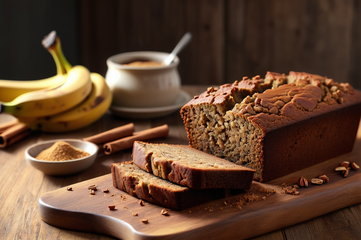 Sliced gluten free banana bread loaf on a wooden board with a golden crumb and caramelized top
