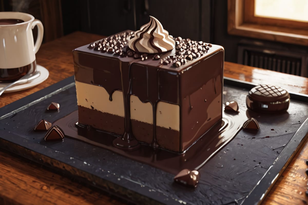 Gluten free dairy free chocolate mousse cake sliced on a dark slate board, glossy ganache and cocoa dusting