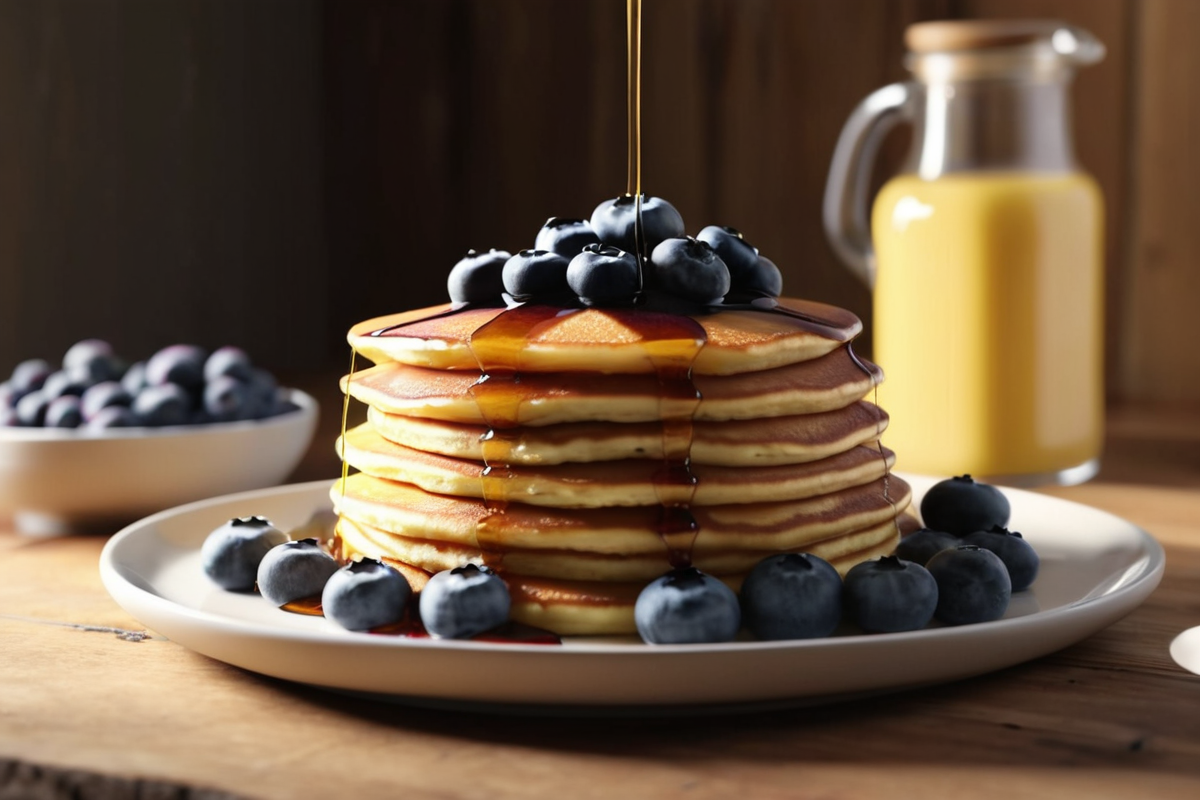 Stack of fluffy gluten free pancakes with maple syrup dripping down the sides on a white plate