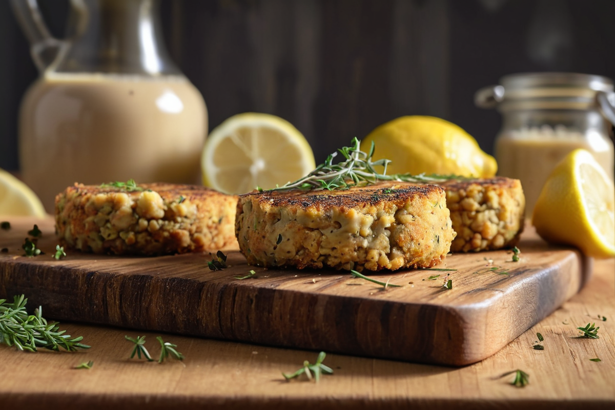 Golden sliced vegan chicken pieces on a wooden board with fresh herbs and lemon wedges