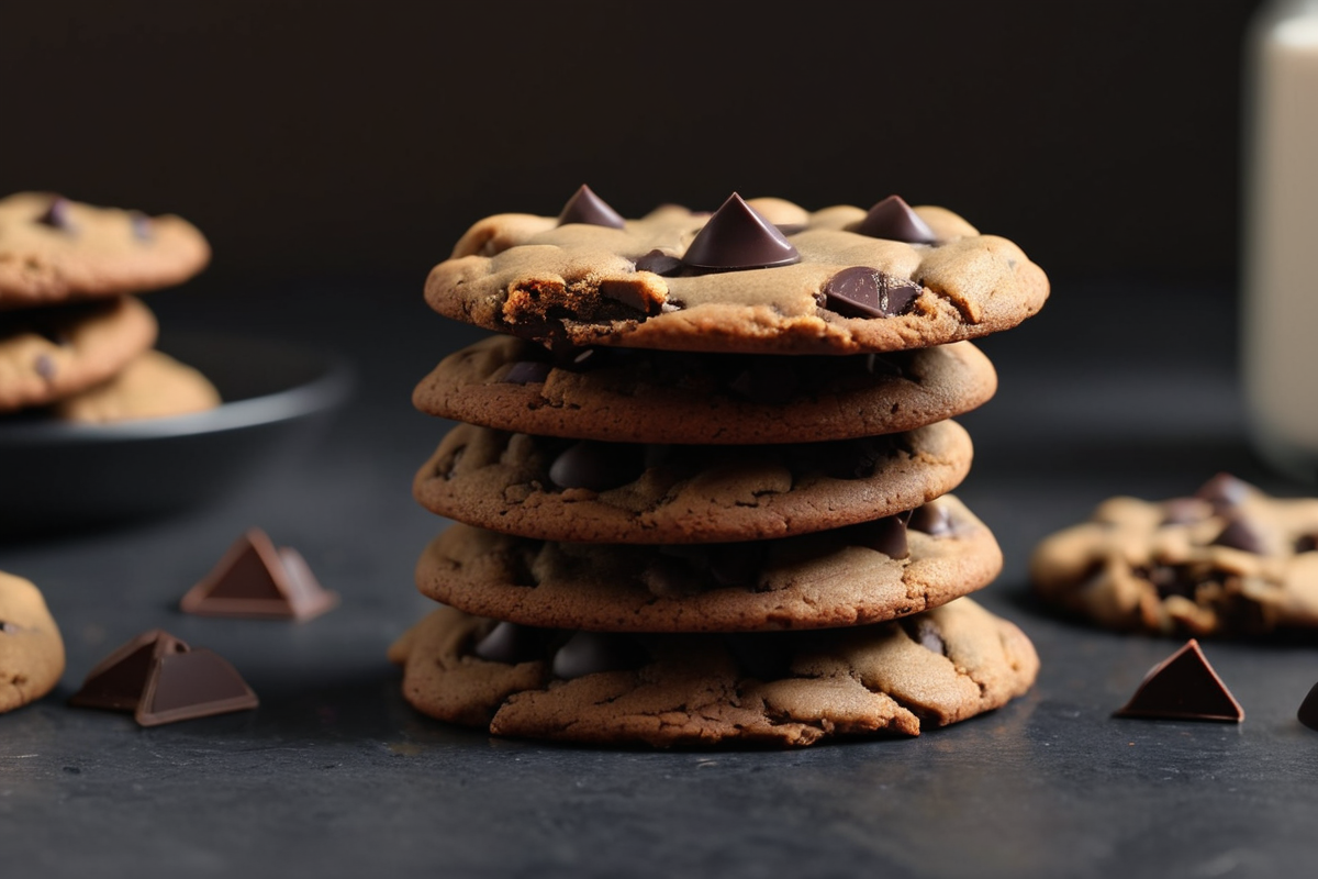 Stack of golden vegan chocolate chip cookies on a dark slate surface with melted chocolate chips